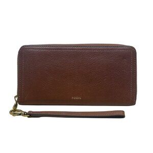 Fossil Brown Leather Zippered RFID Card Slots Coin Pocket Wristlet Wallet Size M